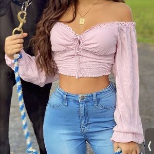 Pink cropped off shoulder blouse